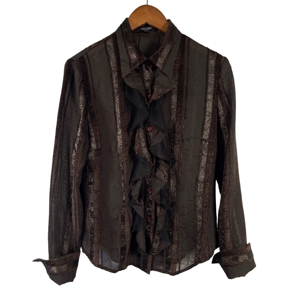 Karen Kane Y2K Ruffle Blouse M Brown Whimsigoth Victorian Gothic Romantic